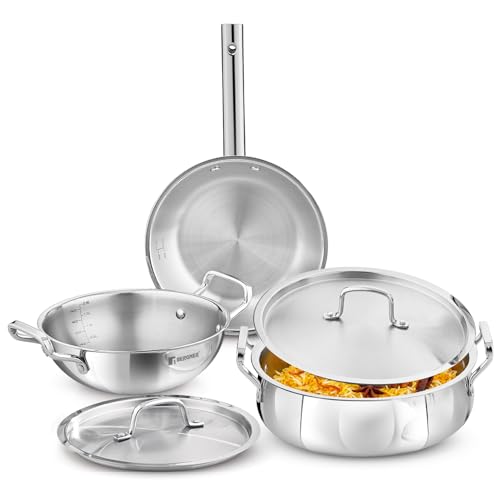 Image of Bergner Tripro BE Essentials 5 Pc Triply Cookware Set - Kadai 24cm /3L with Lid, 22cm /1.5L Frypan, Large Biryani Handi 32cm /8.4L with Lid, Less Oil Use, Healthy Cooking - Induction and Gas Stove Ready
