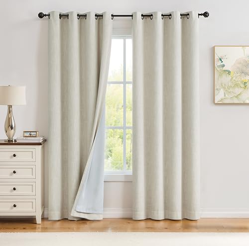 Beige Solid Full Blackout Curtain Heavy Linen Texture Window Treatment for Bedroom Energy Efficient Noise Reducing Drapes 8 Grommets Top for Living Room with Liner, Beige, 50" x 95", 2 Panels