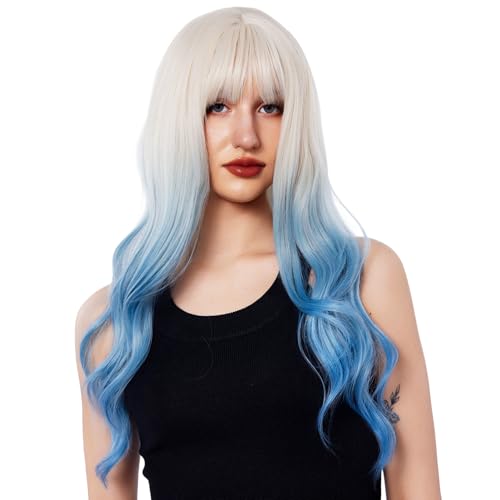 Hdlsina 26in Long Hair Wig With Bangs for Women White