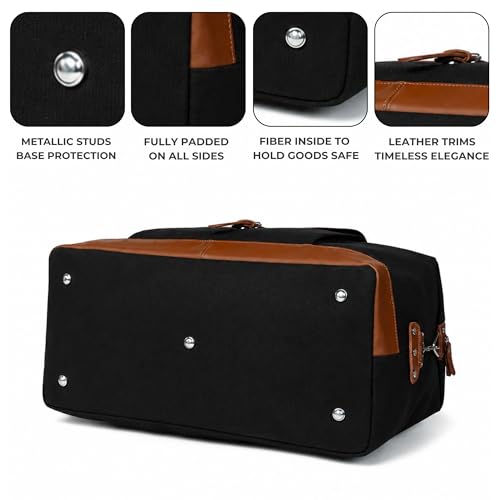 Image of Genuine Leather Large 40L Canvas Weekender Travel Duffle Cabin Bag with Detachable Shoulder Strap for Men and Women Overnight Sling Bag (Black)