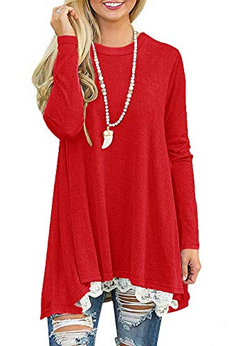 Afibi Women Lace Long Sleeve A-Line Swing T-Shirt Loose Tunic Top Blouse (Xx-Large, Red) #TOP1