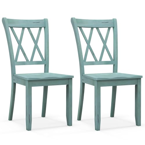 SIMOE Solid Rubberwood Dining Chairs, Set of 2, Green Farmhouse X-Back