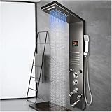 Dark Grey Nickel Brushed Digital Display Shower Panel， Column LED Rain Waterfall Shower Spa Jets， Bath Shower Mixer Faucet(Dark Grey)