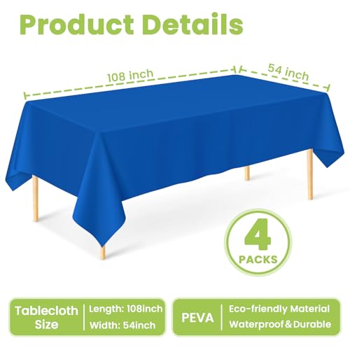 Image of Mulbozy Blue Plastic Table Cloth Disposable 4 Pack, 54 x 108 Inch Tablecloths Rectangle, Royal Blue Plastic Table Cover for Party Decor