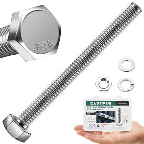 EASTPUK - EASTPUK 1/4-20 x 3 Hex Head Bolts Screws with Nuts, Flat & Lock Washers, 304 Stainless Steel Bolts and Nuts External Hex Drive Full Threaded 1/4 Bolt (10Sets)