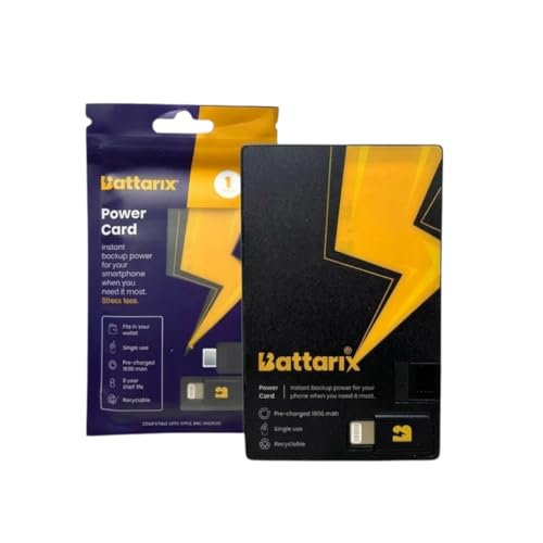 BATTARIX Power Card - Portable Charger Power Bank Fast Charging External Battery for Carry Lightning & USB C for Android+iPhone (Single Use Pre-Charged)