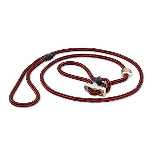 Hundeleine mit Halsband 6mm | Moxonleine Retrieverleine Agilityleine | Mit Zugbegrenzung, Zugstopp aus Hirschhorn (Rot-Schwarz, 130 cm)