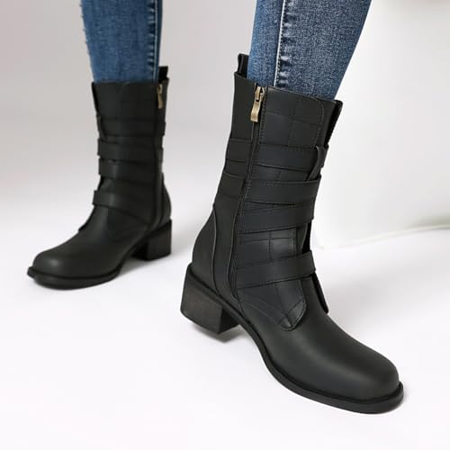 Women's Belt Buckle Mid Calf Boot,Retro Square Toe Chunky Heel Ankle High Shaft Boots,Women's Motorcycle Boots with Side Zipper Buckle Wrap Up Riding Boots.4