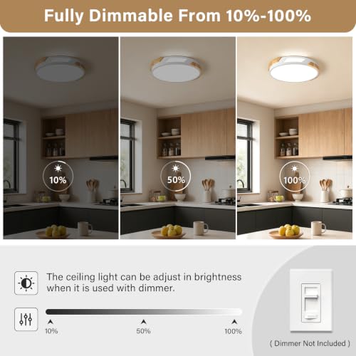 Image of Modern LED Ceiling Light, Wood Dimmable Flush Mount Ceiling Light Fixture