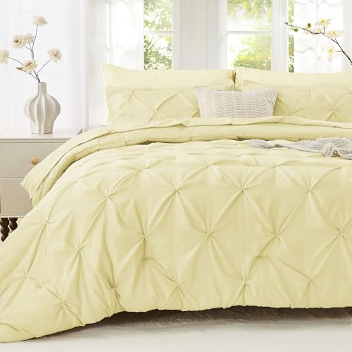 Image of Sasttie Queen Comforter Set, 7-Piece Bed in a Bag, Pintuck Bedding Sets for All Season, Includes Comforter, Flat Sheet, Fitted Sheet, Pillowcases and Pillowshams, Cream Yellow