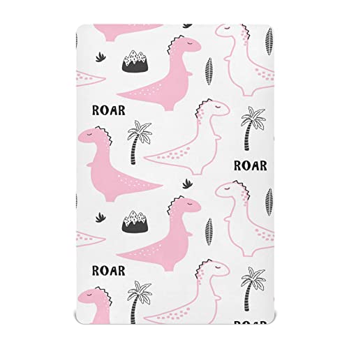 Image of Hand Drawn Pink Dino Comforter Sheet Fitted For Standard Mattresses Boys & Girls Bedroom Accessory Pack-n-Play Size 52x28IN