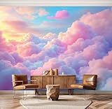 Colorful Cloud Fluffy Clouds Pink Purple Tones Golden Sunrise Sky Wall Mural Peel & Stick Wallpaper Removable Self-Adhesive Large Wall Sticker Wall Decor for Bedroom Living Room Nursery 69"x96"