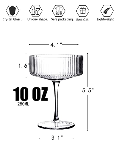 Aorotoe Coupe Glasses Set Of 4 Vintage Glassware Champagne Martini Cocktail Crystal Wine Glasses Fluted Ribbed Coupe Glasses Gifts Housewarming Weddings Aniversary 10 Oz thumb #1