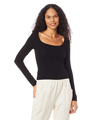 Blusa, Malha Canelada Decote Quadrado, M, Feminino, Preto