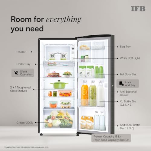 Image of IFB 222L 4 Star Advanced Inverter Direct-Cool Single Door Refrigerator with 30 Hrs Cooling Retention, XL Bottle Bin, Big Vegetable Box & 4 Year Super Warranty (2026, IFBDC-248DYOSE, Onyx Grey)
