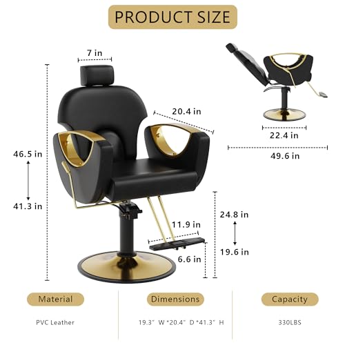 Image of Barber Chair, Reclining Hair Salon Chair, 360 Degrees Swivel Styling Chair, Height Adjustable Hydraulic Shampoo Chairs, Spa Equipment (Black)