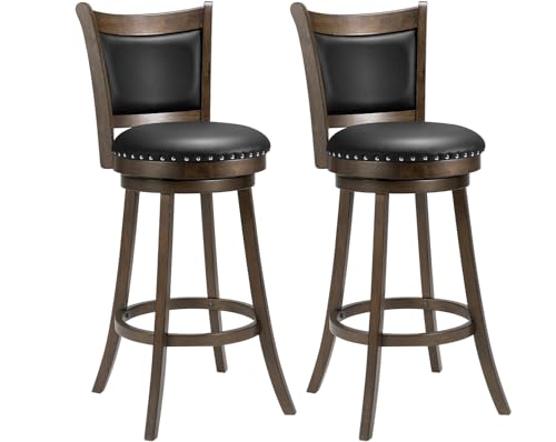 Butacos Giratorios PrimeZone, Altura de Barra 30 Pulgadas, Asiento Acolchado en Cuero Sintético Negro y Espalda Alta, Estructura de Madera de Caucho Sólida con Reposapiés, para Pub o Isla de Cocina – Juego de 2