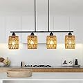 Rattan Kitchen Island Lighting,Boho Coastal Chandelier,4-Light Rustic Pendant Light for Dining Room,Height Adjustable,Black Farmhouse Woven Hanging Lights Fixture Over Table.
