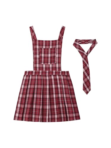 JEATHA Kids Girls School Uniform Jumper Plaid Overalls Dresses Summer Sleeveless Pleated Dress with Tie