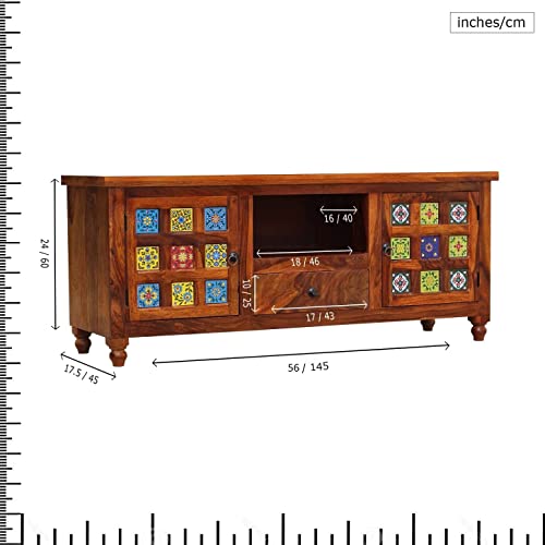 Image of Sheesham Wood TV Stand and Shelf Storage Entertainment Unit Center Console TV Table Wooden Tv Cabinet for Living Room Home (Tiles Design Walnut)