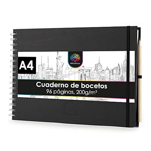 OfficeTree Cuaderno de dibujo A4 con anillas - Horizontal - 96 páginas, 48 hojas - Bloc dibujo A4 200 g - Bloc de dibujo para acuarela - Cuaderno dibujo con lápiz | Ya disponible en tu tienda friki favorita! En mundofriki.es!