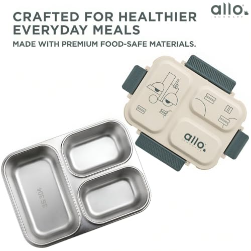 Image of Allo Bento Stainless Steel Lunch Box for Adult- BIS Approved, 304 Stainless Steel 3 Compartment Leakproof Tiffin Box for Boys and Girls for School, Travelling, Office, 740ml Green