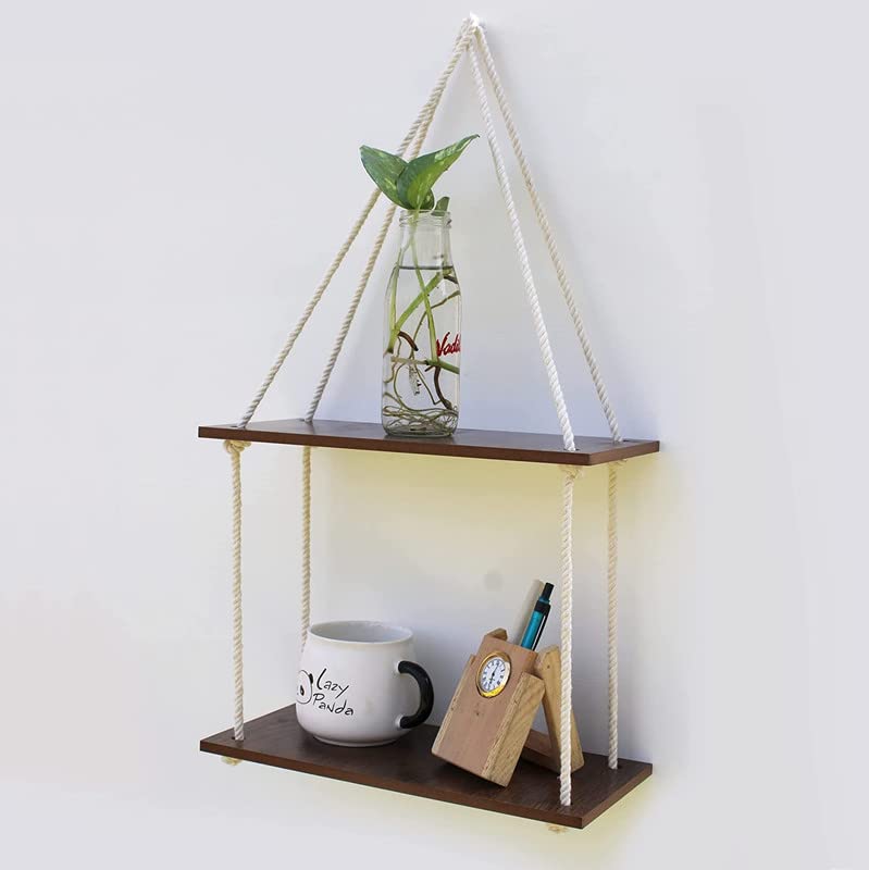Image of VAH Wooden 2 Layer with White Jute Rope Wall Floating Laminated Wall Decor Wall Shelf for Home, Offices, Restaurants, Cafe Decoration