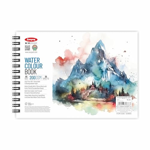 Image of Anupam Watercolour Book 200GSM Natural White Paper with Grained Surface Usable on Both Side 40 Pages A5 for Watercolour, Gouache, Ink, Acrylic, Wet & Mixed Media, Art Painting, Drawing