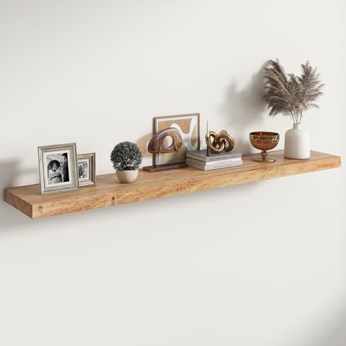 Image of RICHFOCUS Elm Floating Shelves for Wall - 55 inch W x 9.3 inch D Rustic Solid Wood Shelves with Invisible Bracket, Wall-Mounted for Living Room, Bedroom, Kitchen Storage & Display, Set of 1, Natural