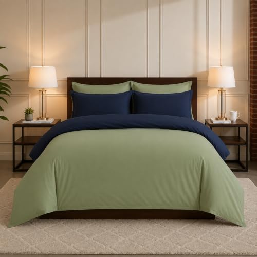 Image of Duvet Cover Single Size Bed (60x92 Inch) 1 Duvet Cover + 4 Pillow Covers with Zipper 600 TC Cotton Reversible Luxurious Quilt, Comforter, Rajai, Blanket Cover (Sage /Navy Blue)