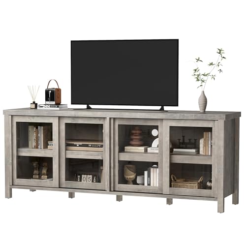 Image of 65 Inch TV Stand for Televisions Up to 70 Inches, Modern Entertainment Center with Storage, 4 Sliding Glass Doors, Mid-Century Style Media Console for Living Room,Gray