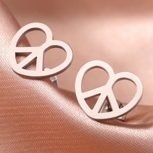 Stainless Steel Heart Shaped World Peace Sign Stud Earrings4