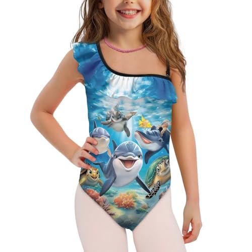 Image of Xpyiqun Swimsuits for Girls 3-14 1-Shoulder Ruffle Bathing Suit One Piece Adjustable Halter Swimming Wear