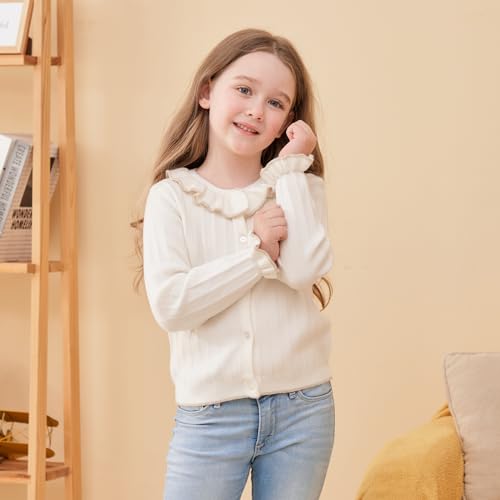 Girls Cardigan Sweet Ruffle Collar Sweater Button Long Sleeve Knit Tops for Girls Outfits2