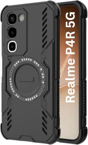Image of SPAZY CASE Realme P4R 5G Back Cover |Rugged Shockproof Armor Case with Magnetic Metal Ring Supports Magsafe Charger & Car Mount | Military Grade Protection | Black