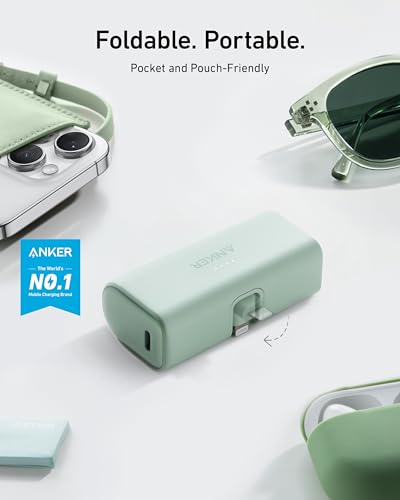 Anker Nano Portable Charger for iPhone, with Built-in MFi Certified Lightning Connector, Power Bank 5,000mAh 12W, Compatible with iPhone 14/14 Pro / 14 Plus, iPhone 13 and 12 Series (Green)