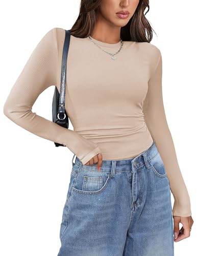 Zeagoo Camiseta de Manga Larga T Shirt para Mujer Casual Canale Top Elegantes con Cuello Redondo Camisetas Casual Básico Sólido Top para Otoño e Invierno Marrón Claro S