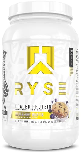RYSE Loaded Protein Powder - Blueberry Muffin - 25g Whey Protein Isolate & Concentrate with Prebiotic Fiber & MCTs - Low Carb Low Sugar Digestive-Friendly - 27 Servings / 2 lb Tub