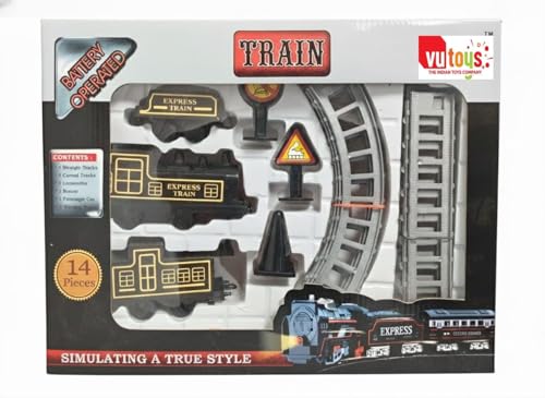Image of Electric Express Railway Train Set for Boys | Battery Operated Engine with Coach & Track Pieces | 14 Piece Train Toy Set for Boy