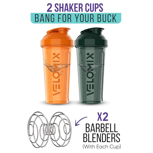 -2 Pack- 28 oz Protein Shaker Bottles for Protein Mixes - 2x Wire Whisk | Leak Proof Shaker Cups for Protein Shakes | Protein Shaker Bottle Pack | Shakers for Protein Shakes-Green&Orange