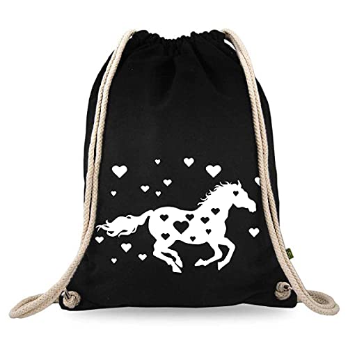 Turnbeutelliebe® Turnbeutel mit Spruch - Pferd Pferdefreunde - Spruch - Pferde - Festival - Baumwolle schwarz - Sportbeutel - Rucksack - Stoffbeutel - ca. 12 Liter - 37 x 46 cm (Pferd Herzen Liebe) Cover