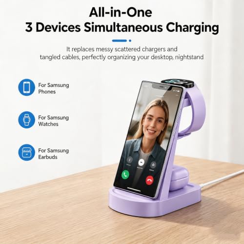 Image of Wireless Charging Station for Samsung /Android, Fast Wireless Watch Charger Station Compatible for Samsung Galaxy S26 Ultra /S25 /S24+ /Z Flip 7 /6 Fold 7 /6, Watch8 /7 /Pro /Active 2 Galaxy Buds3 /2 Pro(Purple