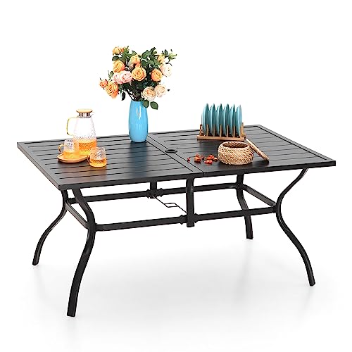 Sophia & William Outdoor Patio Table For 6 People, Rectangular Metal Patio Outdoor Dining Table, Black Steel Slatted Weather-Resistant Table With 1.57" Adjustable Umbrella Hole, L60 * W38 * H28 #TOP1