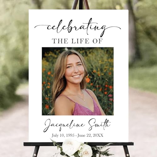 Personalized Funeral Welcome Sign – Celebration of Life Sign with Photo, Custom Memorial Sign with Floral Frame, Minimalist Memory Board for Funeral Décor (Design 10).