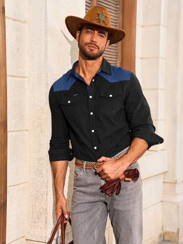 Image of Yousify Mens Western Cowboy Shirt Retro Corduroy Shirts with Pockets | Long Sleeve, Button Down, Vintage Snap Shirt, Country Shacket Jackets