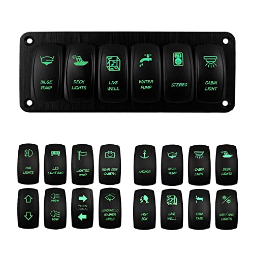Image of 6 Gang UTV Rocker Switch Panel Pre-Wired Aluminum Green Led Marine Grade Boat Switch Panel for Truck Pontoon Camper ATV Console Waterproof 12V 24V IP66