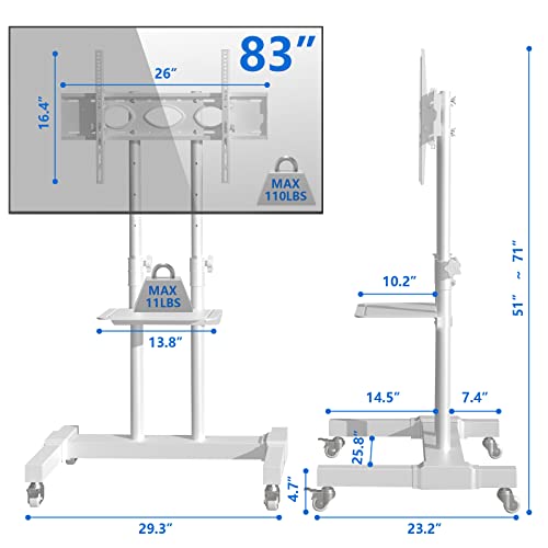 Rfiver Mobile Tv Stand Rolling Cart With Tilt Mount/Locking Wheels For 40-83 Inch Flat Screen/Curved Tvs Up To 110Lbs, Portable Floor Stand With Laptop Shelf, Height Adjustable, White #TOP5