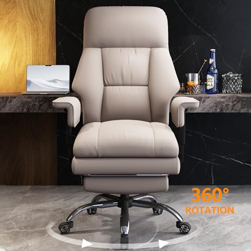 Image of Office Chair with Leg Rest, Leather High Back Executive Office Chair with Wheels, Ergonomic Desk Chairs with Lumbar Support for Home Office, Beige