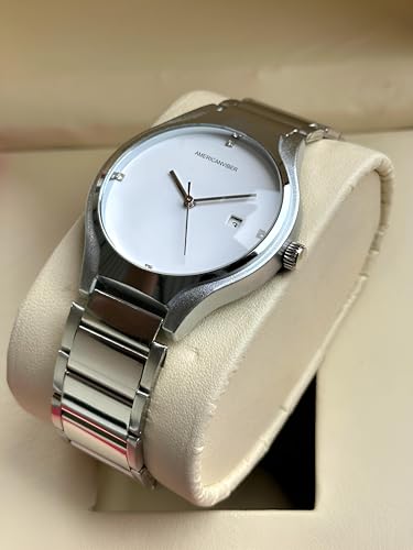 Image of AMERICANVIBER Men's Minimalist Watch, Silver Stainless Steel, White Dial with Crystal Accents, Analog Quartz Movement, Date Window For Men
