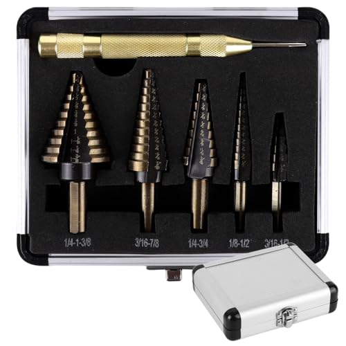 Image of Serplex 6-Piece Titanium Step Drill Bit Set with Automatic Center Punch, Multi-Size Spiral Groove Unibit Kit for Metal, Wood, High-Speed Steel Cone Drill Bits with Aluminum Storage Case